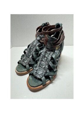 Freebird by Steven Penny Teal Leather Gladiator Sandals Block Heel Womens 6